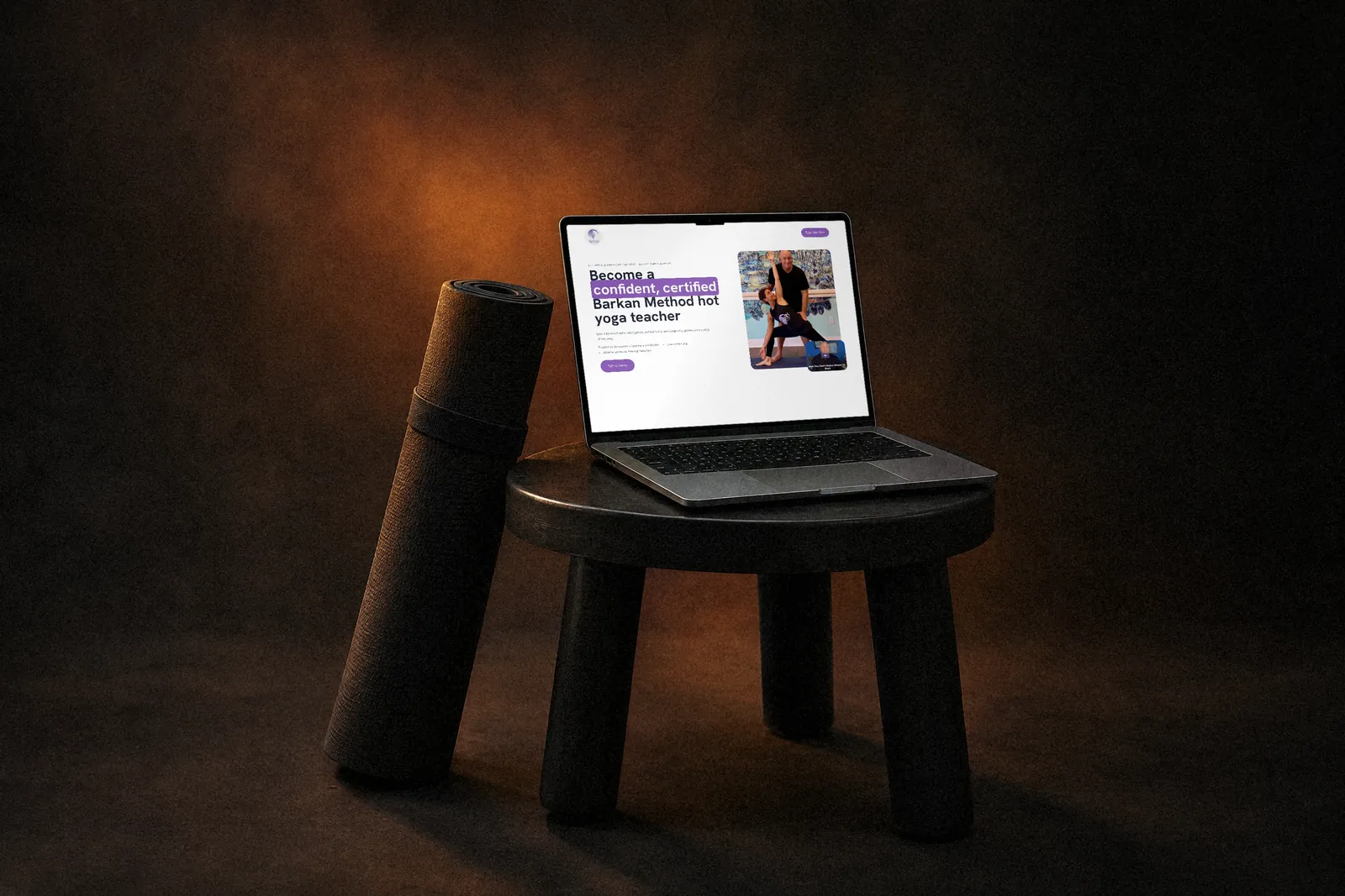 Barkan Method Hot Yoga teacher training funnel shown on a laptop